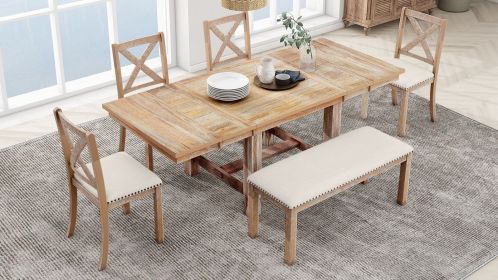 TOPMAX Farmhouse 82inch 6-Piece Extendable Dining Table with Footrest, 4 Upholstered Dining Chairs and Dining Bench, Two 11"Removable Leaf
