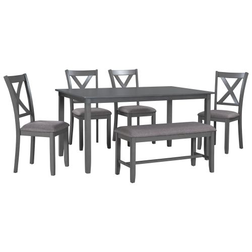 TREXM 6-Piece Kitchen Dining Table Set Wooden Rectangular Dining Table, 4 Fabric Chairs and Bench Family Furniture (Gray) TREXM 6-Piece Kitchen Dining Table Set Wooden Rectangular Dining Table, 4 Fabric Chairs and Bench Family Furniture (Gray)